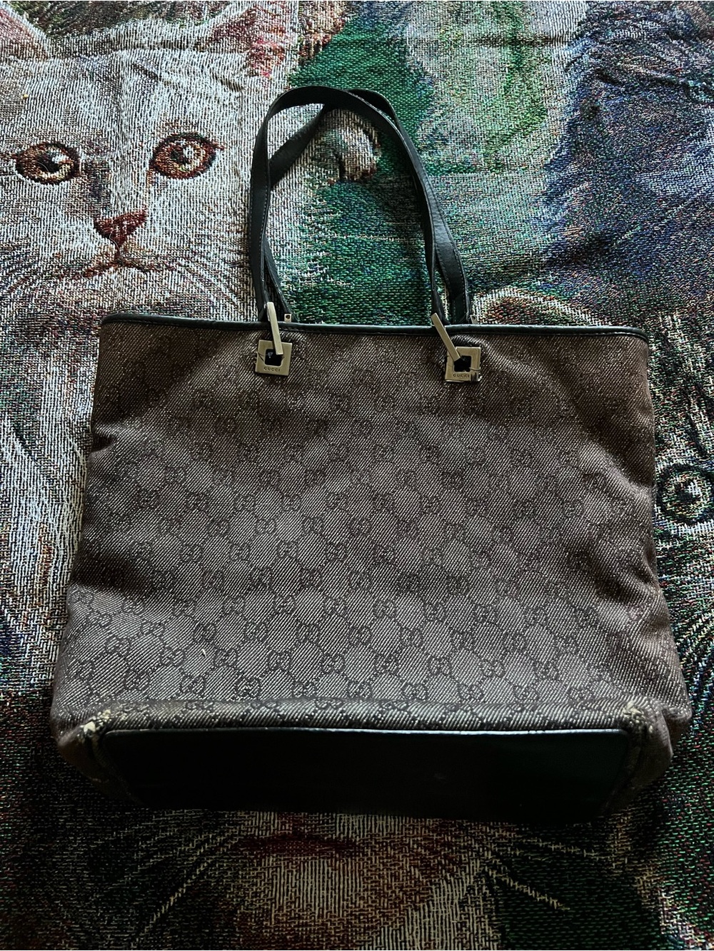 Gucci Brown Monogram Tote with Black Handles